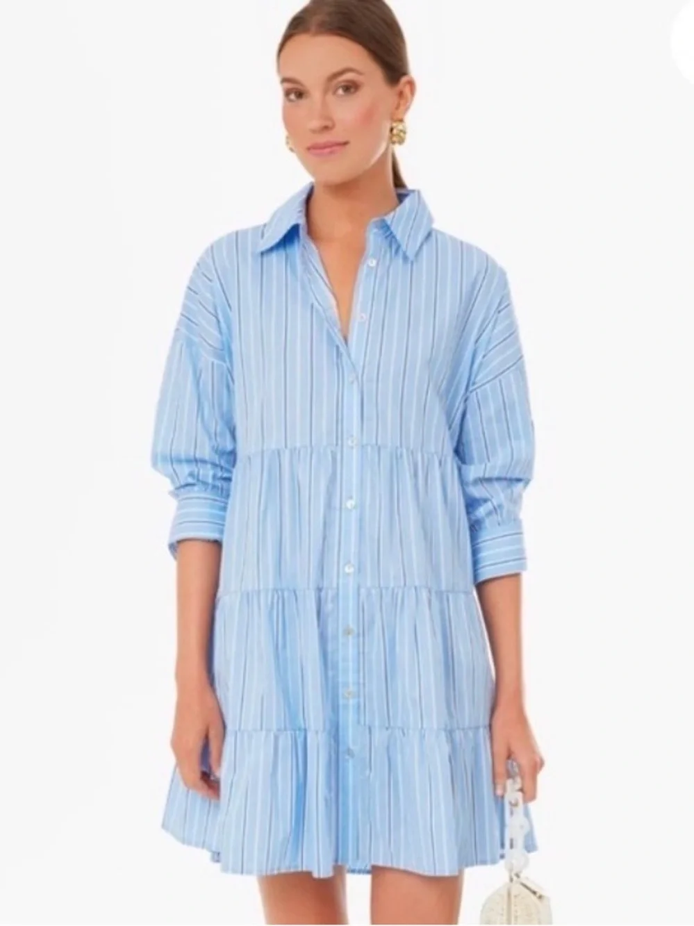 Tuckernuck Pomander Place Shades of Blue Stripe Cara Tiered Shirt Dress LARGE - Picture 1 of 7